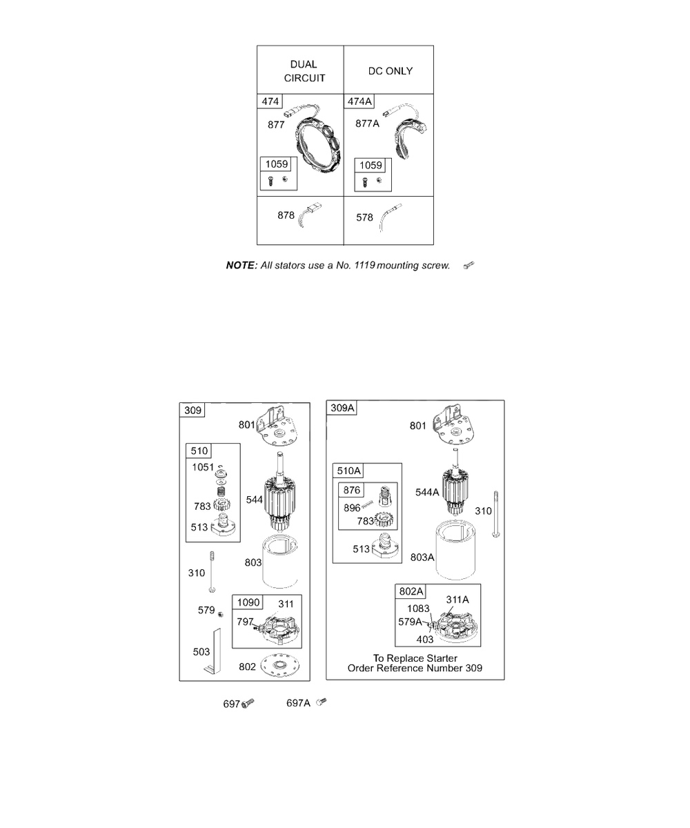 Electric Starter, Stator Diagram and Parts List for 194702-4526-XX  Briggs and Stratton Engine